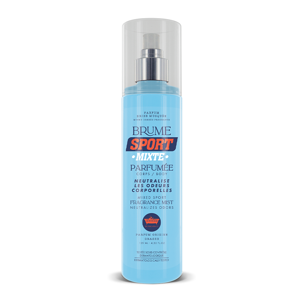 Flacon de brume parfumée sport mixte 125ml, couleur bleue, avec spray, parfum brise musquée.