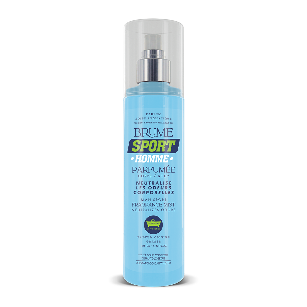 Flacon de brume parfumée sport homme 125ml, couleur bleue, avec spray, parfum boisé aromatique.