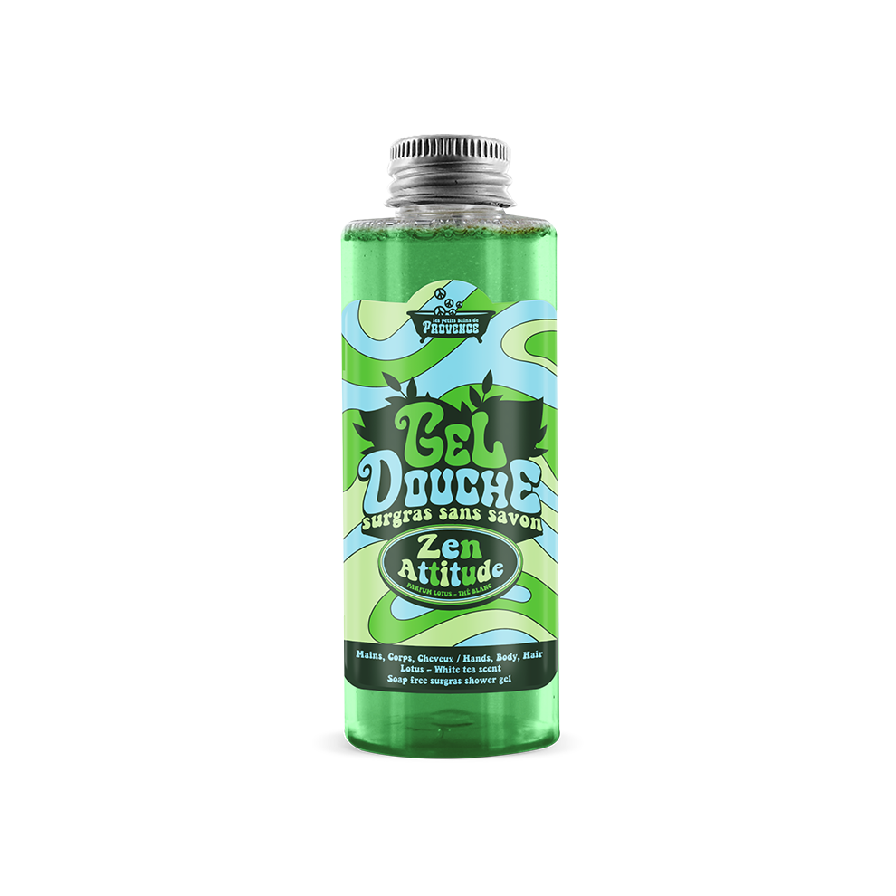 Gel douche surgras sans savon de la série limitée HAPPY Les Petits Bains de Provence Zen ATtitude parfum lotus Thé blanc au format 100ml