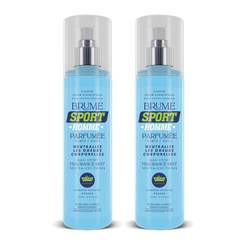 Pack de deux brumes parfumées sport homme 125ml, flacons présentés côte à côte.