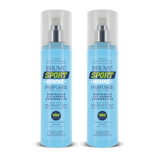 Pack de deux brumes parfumées sport homme 125ml, flacons présentés côte à côte.