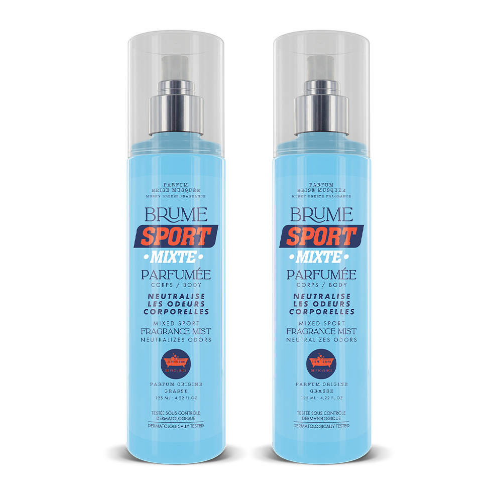 Pack de deux brumes parfumées sport mixte 125ml, présentées côte à côte.