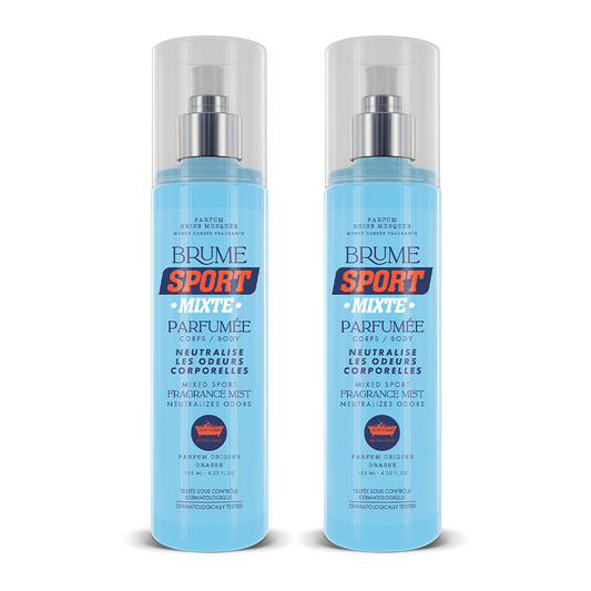 Pack de deux brumes parfumées sport mixte 125ml, présentées côte à côte.