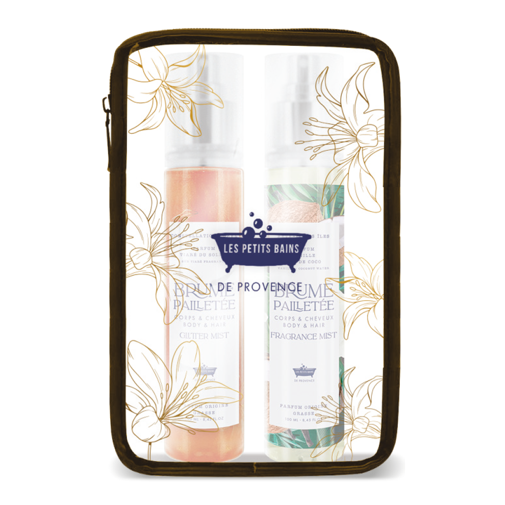Trousse contenant deux brumes parfumées 100ml de la marque Les Petits Bains de Provence. La brume pailletée tiaré du soleil et la brume parfumée vanille eau de coco