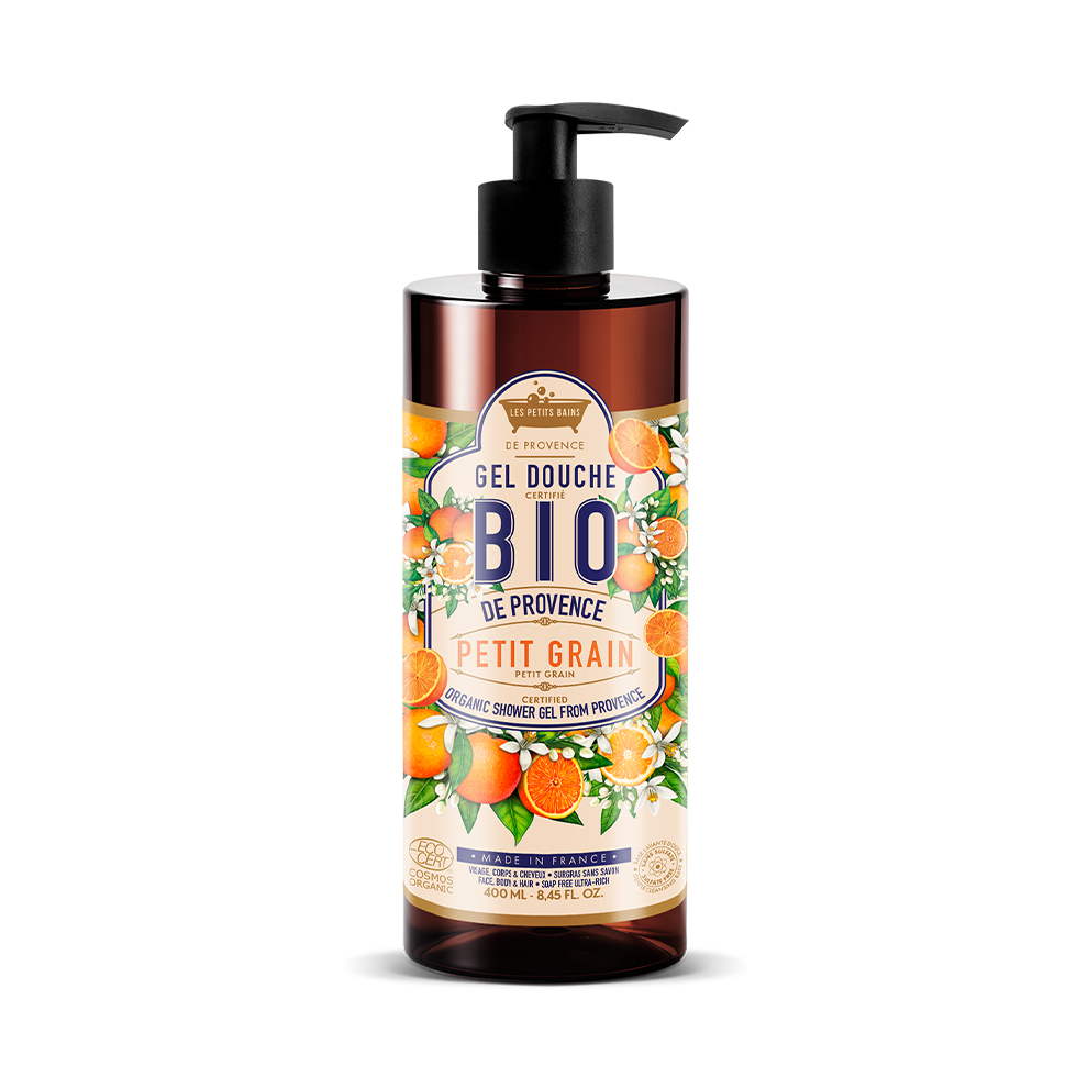 Gel douche BIO Petit Grain 400 ml certifié COSMOS ORGANIC – Les Petits Bains de Provence