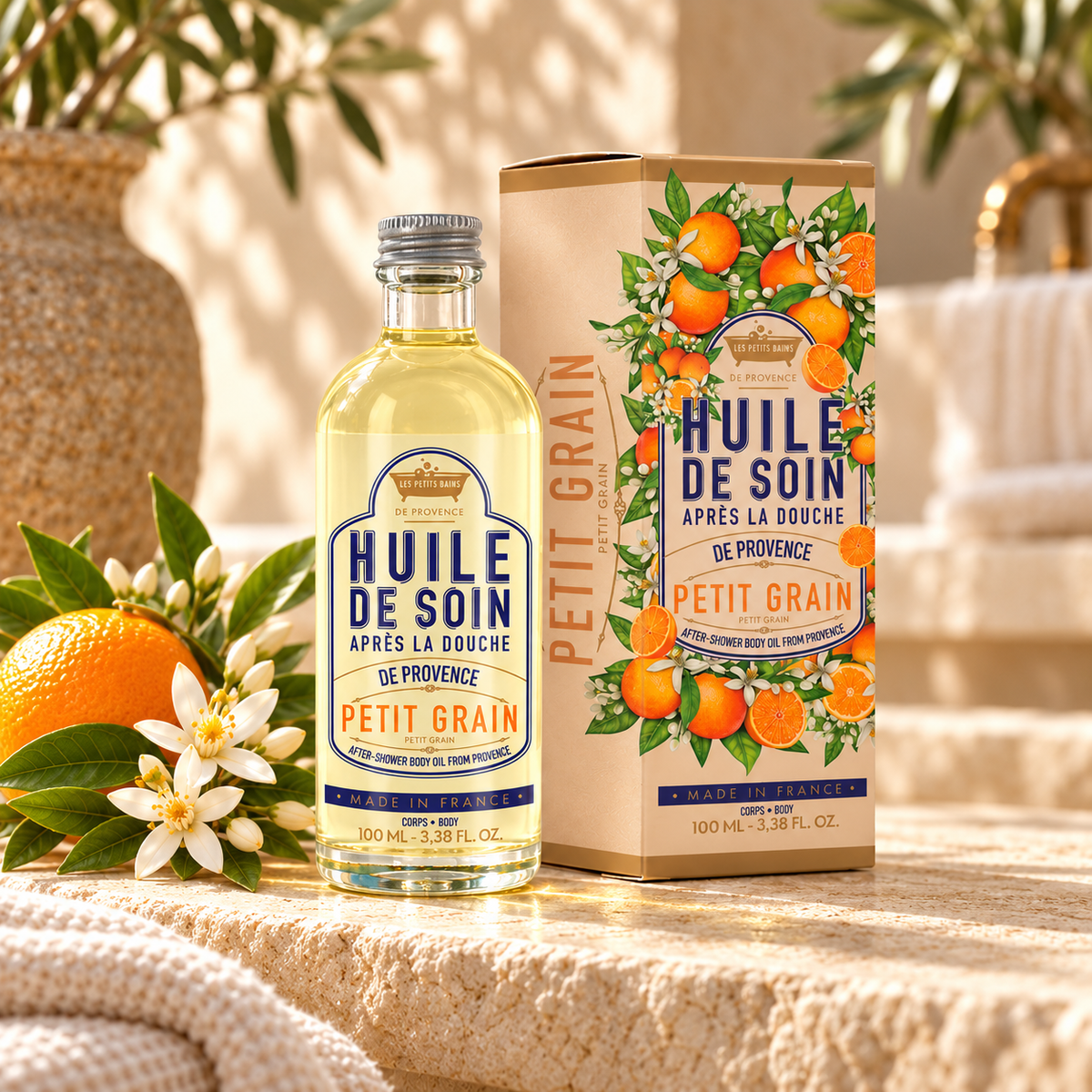 Huile de soin Petit-Grain Fleur d’Oranger 100 ml avec sa boîte et des fleurs d’oranger dans un décor provençal
