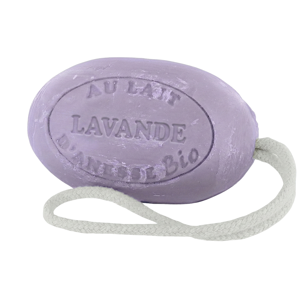 Savon ovale avec cordelette 180g au lait d’ânesse bio – Monoï ou Lavande