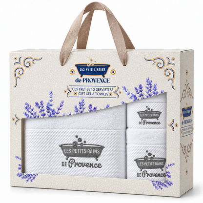Coffret de 3 serviettes blanches brodées Les Petits Bains de Provence