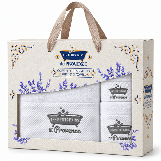 Coffret de 3 serviettes blanches brodées Les Petits Bains de Provence