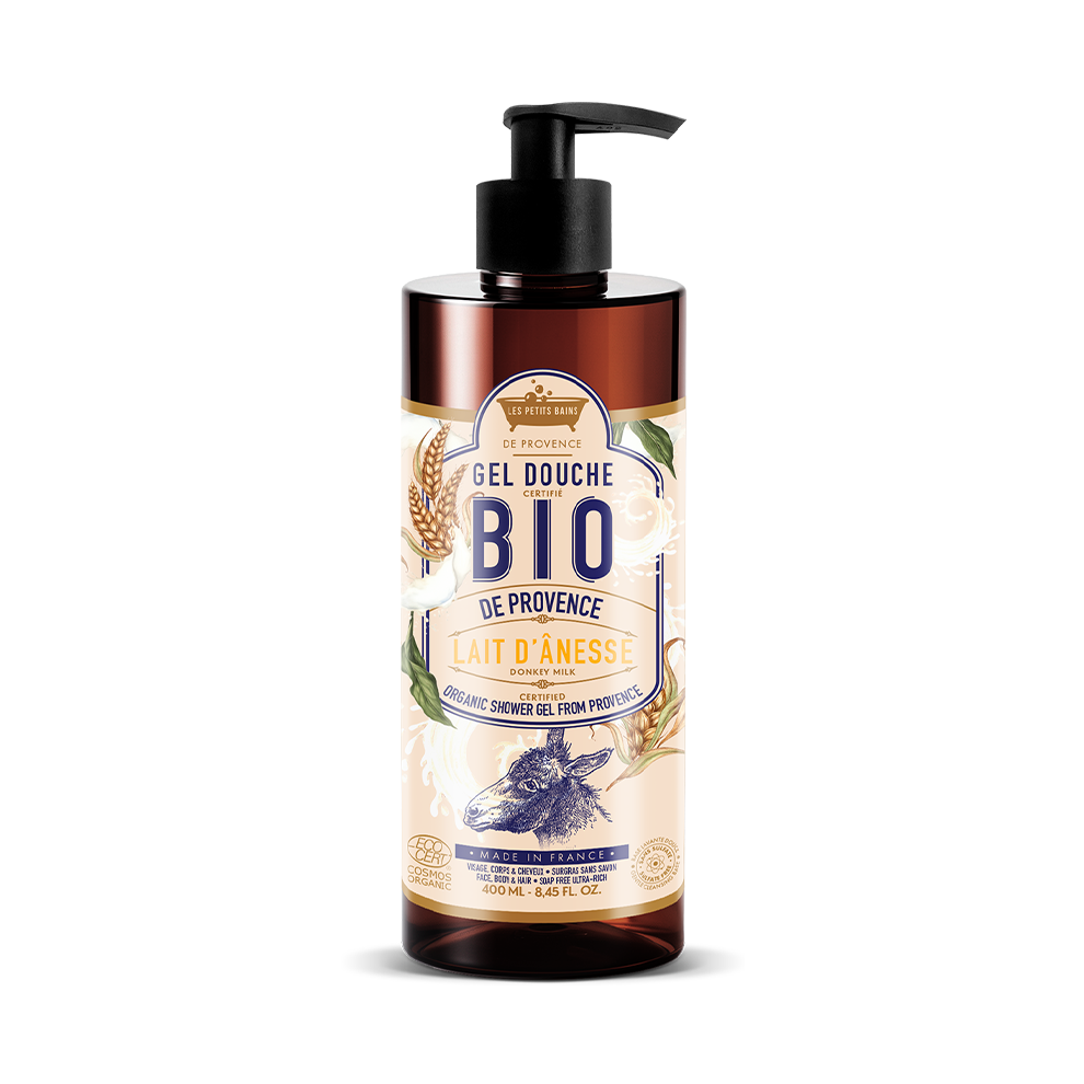 Gel douche BIO au Lait d’Ânesse 400 ml certifié COSMOS ORGANIC – Les Petits Bains de Provence