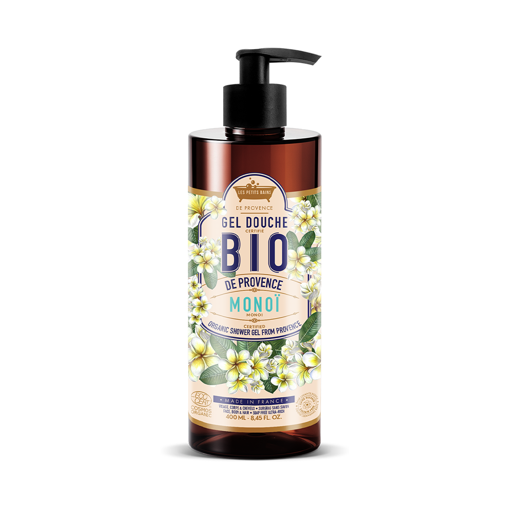 Gel douche BIO Monoï 400 ml certifié COSMOS ORGANIC – Les Petits Bains de Provence