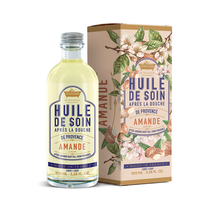 Huile de soin après la douche Amande 100 ml, flacon et boîte – Les Petits Bains de Provence