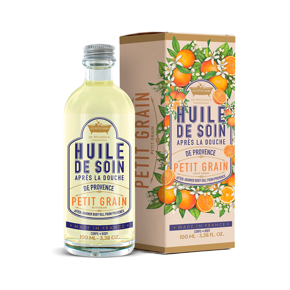 Huile de soin après la douche Petit-Grain senteur fleur d’oranger 100 ml, flacon et boîte – Les Petits Bains de Provence