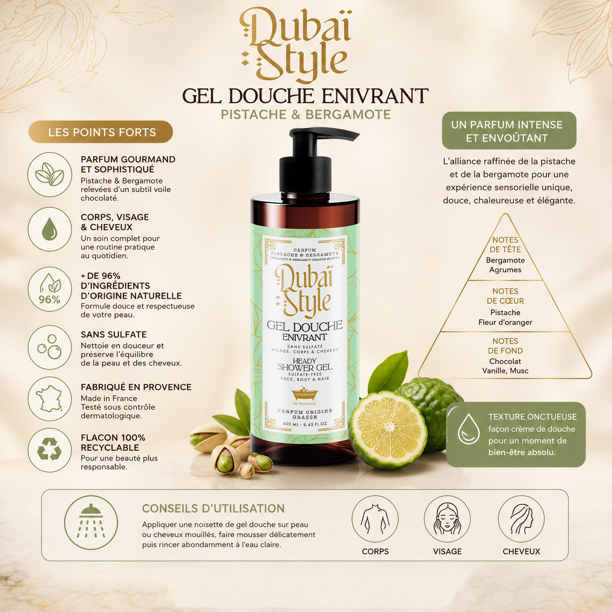 Gel Douche Enivrant Dubaï Style 400ml – Pistache & Bergamote
