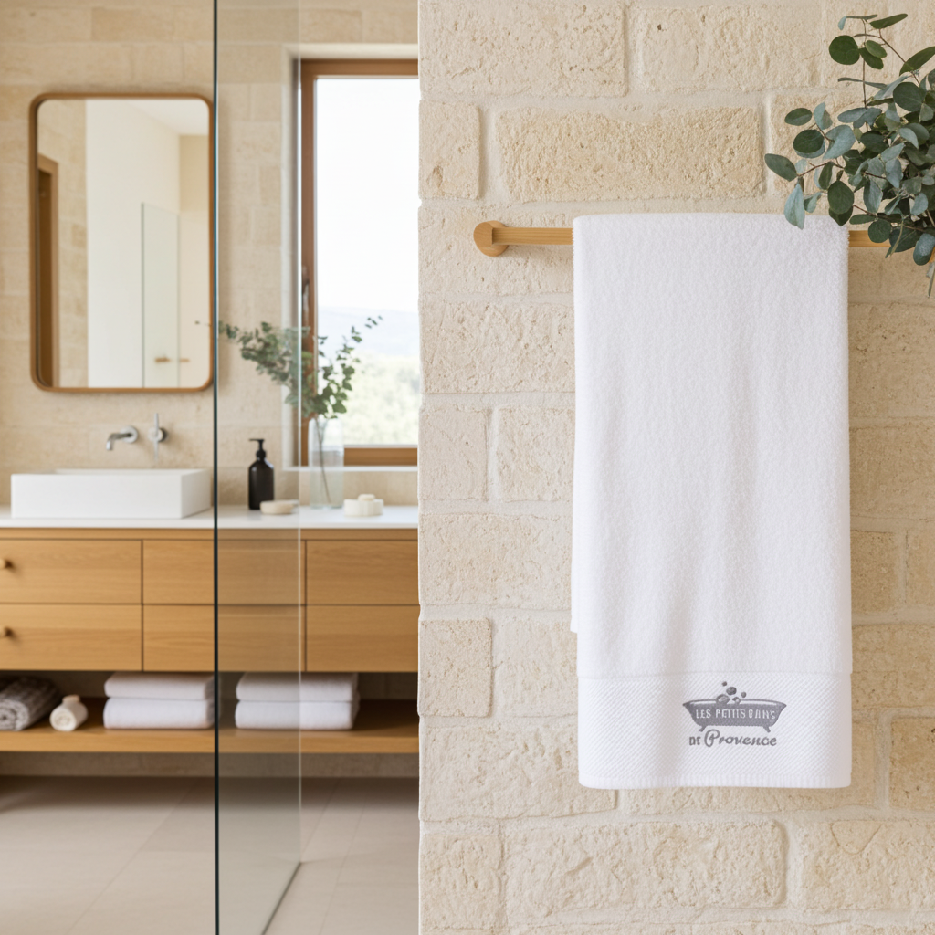 Serviettes blanches brodées Les Petits Bains de Provence dans une salle de bain